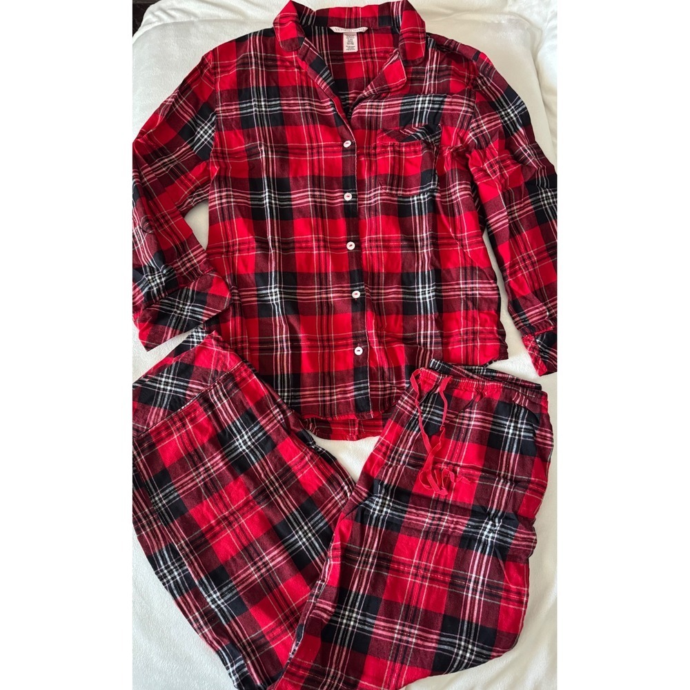Victoria's Secret Plaid Pajama Set Long Sleeve Button Up‎ Pants XS Long